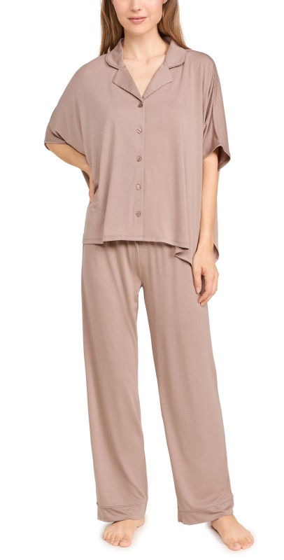 Flora Nikrooz Solid Knit Caftan PJ Set Oatmeal
