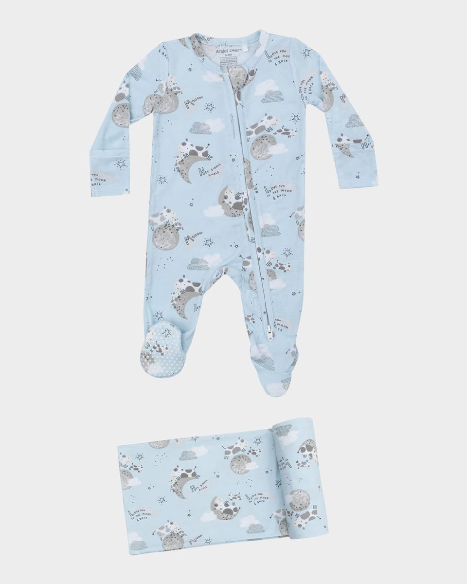 Kid's I Love You To The Moon And Cows Printed Footie W/ Swaddle Blanket Set, Size Newborn-9M