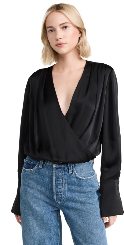 Favorite Daughter The Date Blouse Thong Bodysuit Black