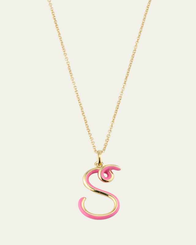 Letter S Pendant Necklace with Half Enamel in Bubblegum Pink
