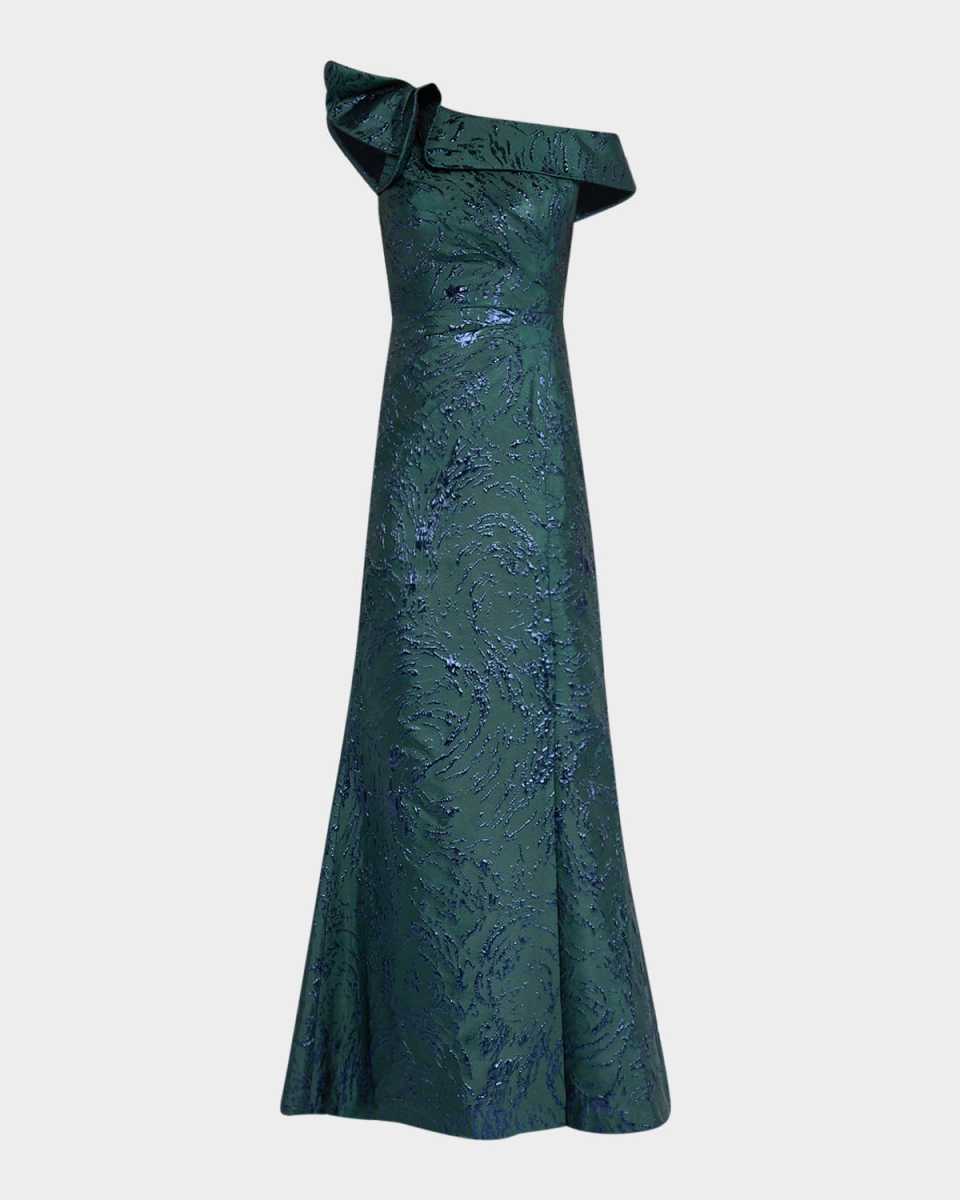 One-Shoulder Ruffle Jacquard Gown