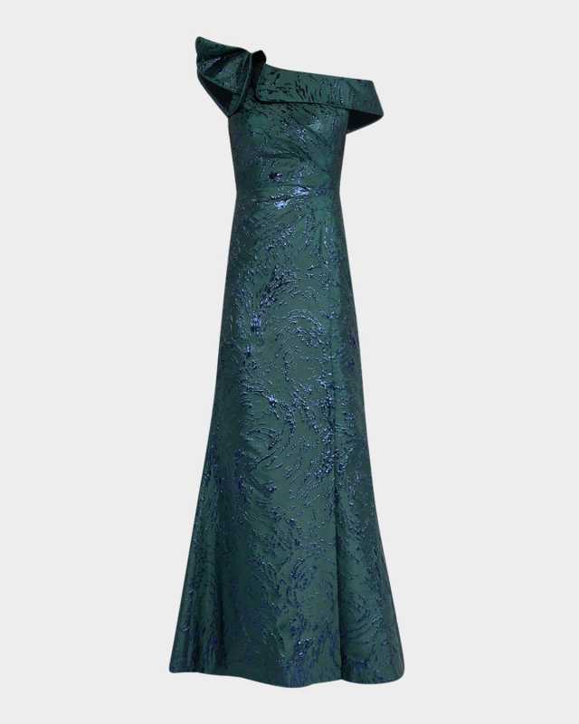 One-Shoulder Ruffle Jacquard Gown