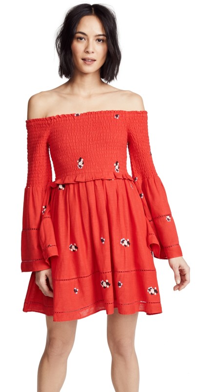 Free People Counting Daisies Embroidered Mini Dress Red Combo