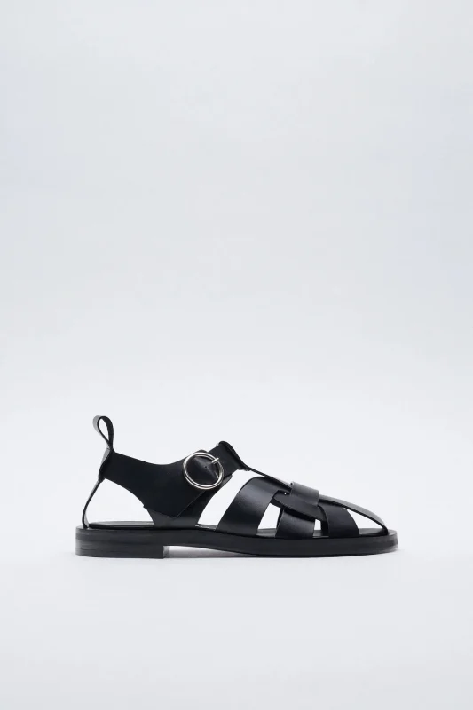 ZARA LOW HEEL LEATHER FISHERMAN SANDALS