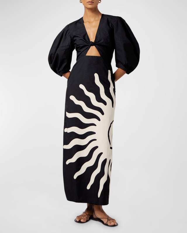 Gaia Puff-Sleeve Organic Cotton Midi Sheath Dress