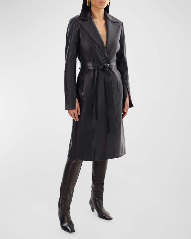 Miranda Single-Breasted Lambskin Leather Trench Coat