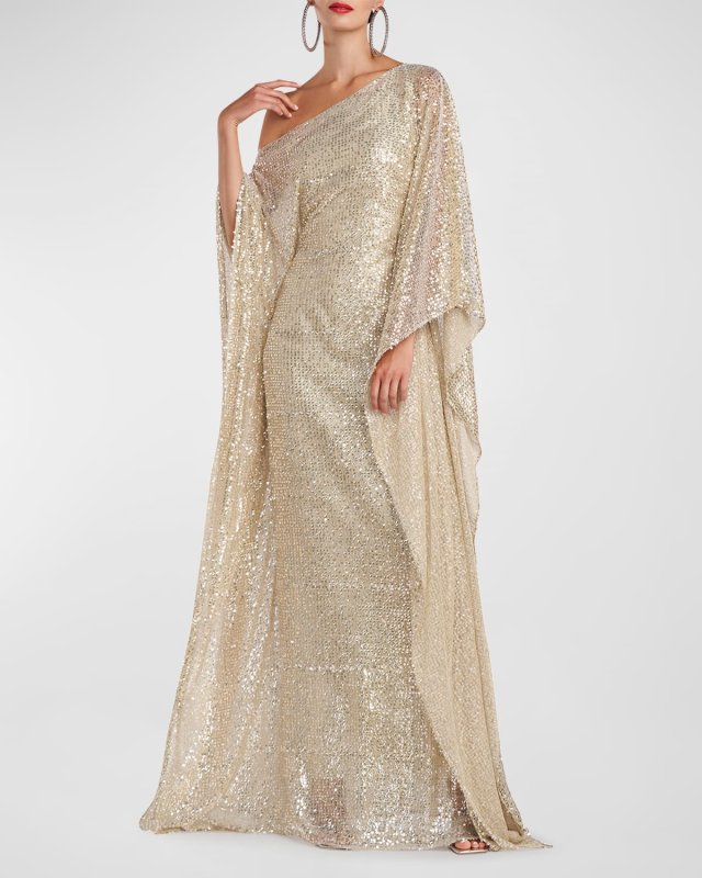 Dee Draped One-Shoulder Sequin Gown