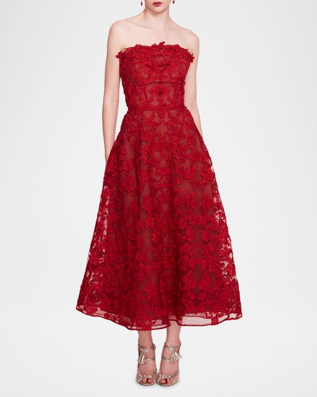 Strapless A-Line Lace Midi Dress