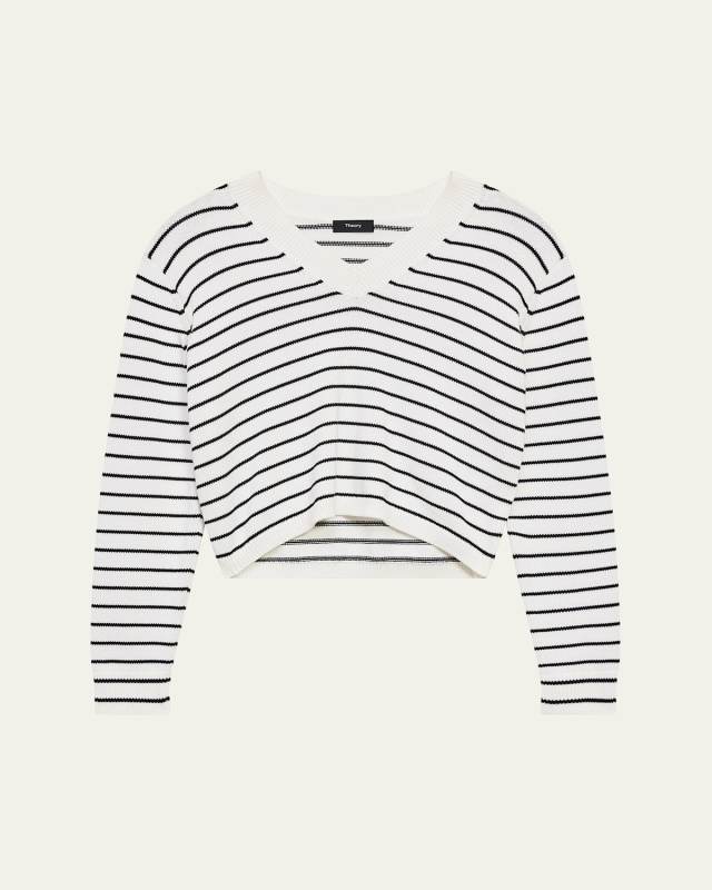Waverly Cotton Stripe Cropped V-Neck Sweater