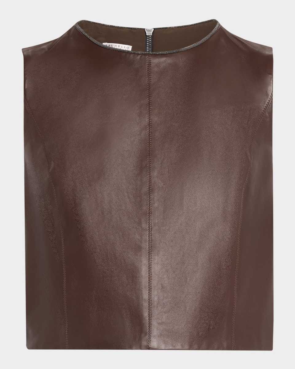 Smooth Glove Leather Crop Top with Monili Trim