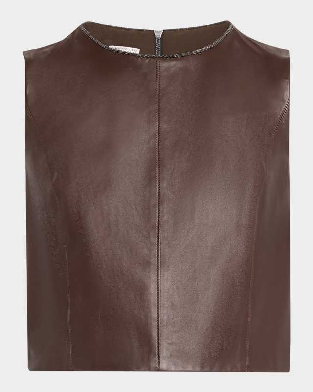 Smooth Glove Leather Crop Top with Monili Trim
