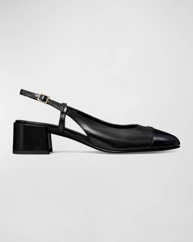 Mixed Leather Cap-Toe Slingback Ballerina Pumps