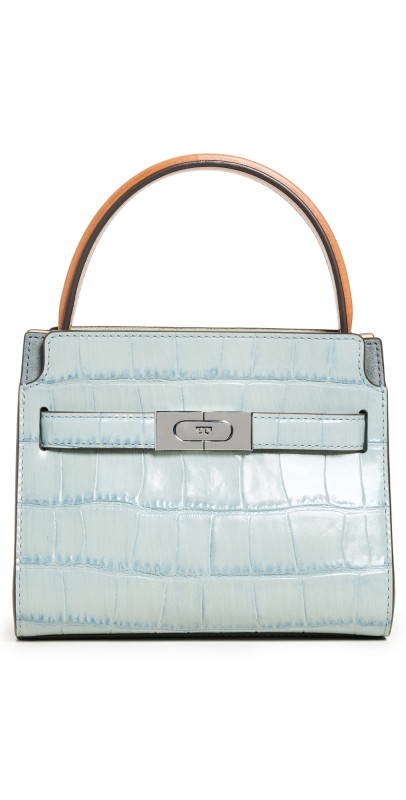 Tory Burch Petite Lee Radziwill Croc Embossed Double Bag Blue Celado