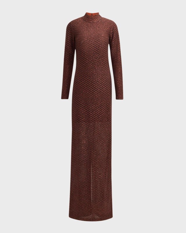 Sequined Sheer Fishnet Knit Column Gown