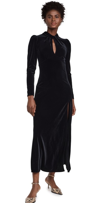 GANNI Velvet Jersey Gathered Long Dress Black