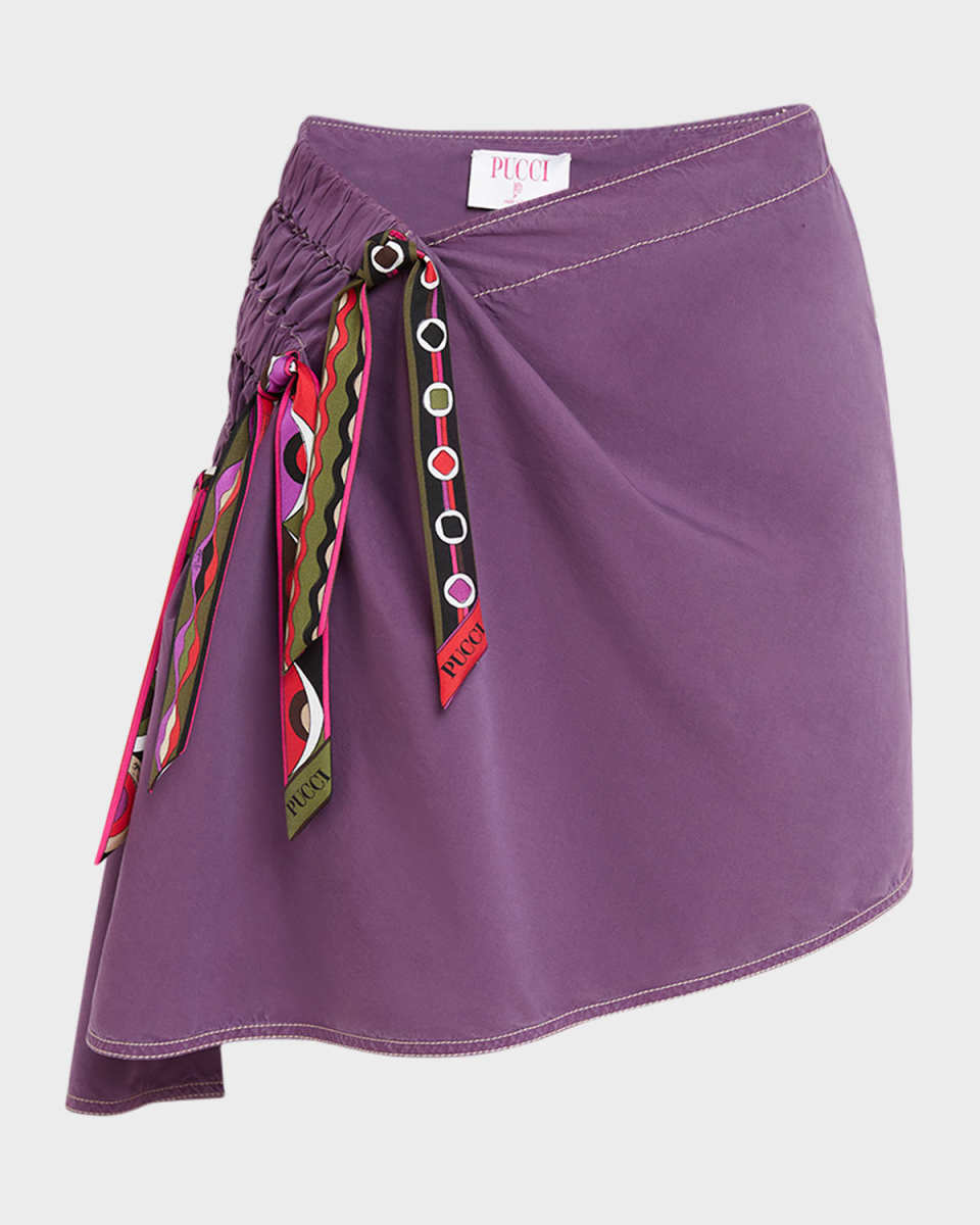 Tie-Smocked Asymmetric Mini Skirt