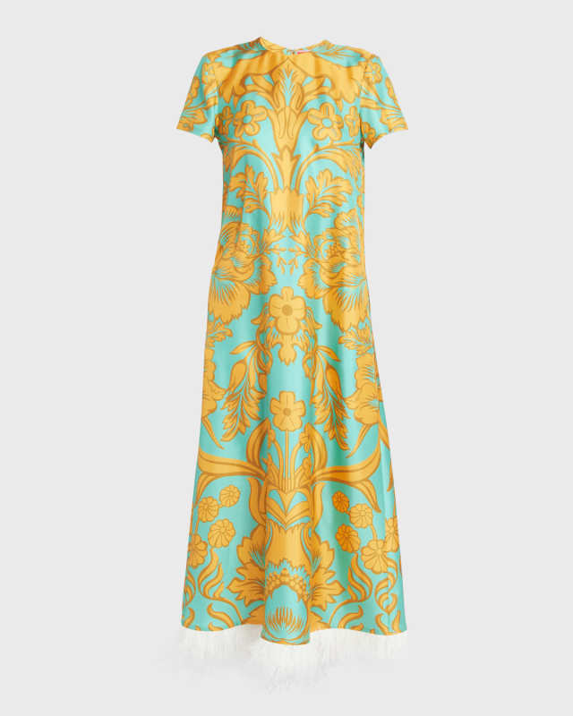 Baroque-Print Feather-Trim Maxi Swing Dress