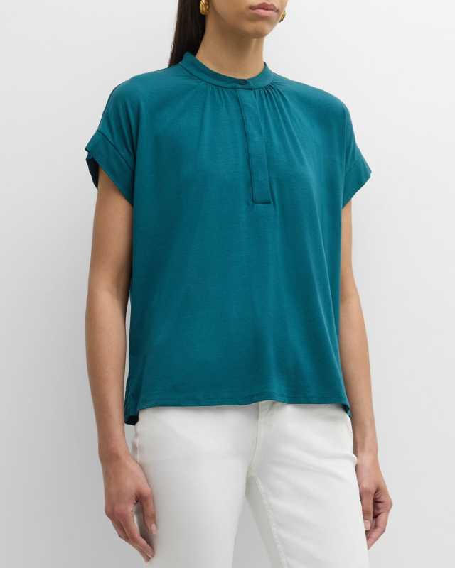 Band-Collar Ruched Jersey Henley Top