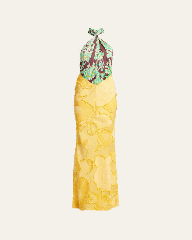 Mixed-Media Halter Printed Column Dress
