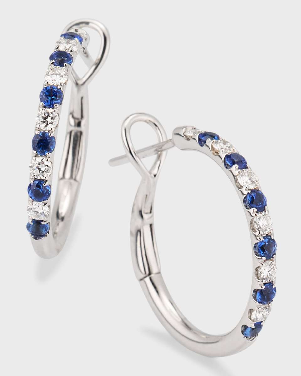 18K White Gold Small Alternating Diamond and Sapphire Hoop Earrings