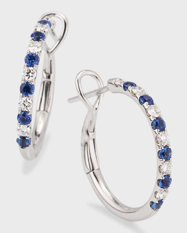 18K White Gold Small Alternating Diamond and Sapphire Hoop Earrings