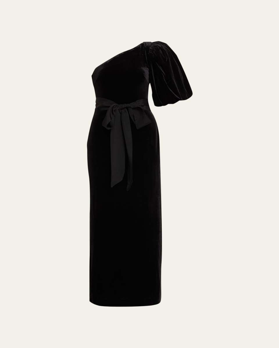 Lucia Bubble-Sleeve Tie-Sash Long Velvet Dress