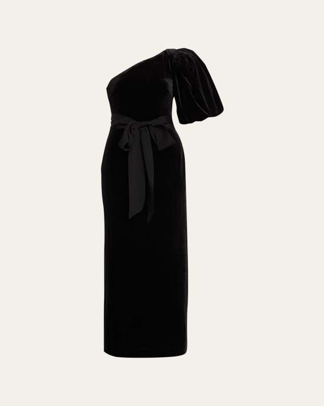 Lucia Bubble-Sleeve Tie-Sash Long Velvet Dress