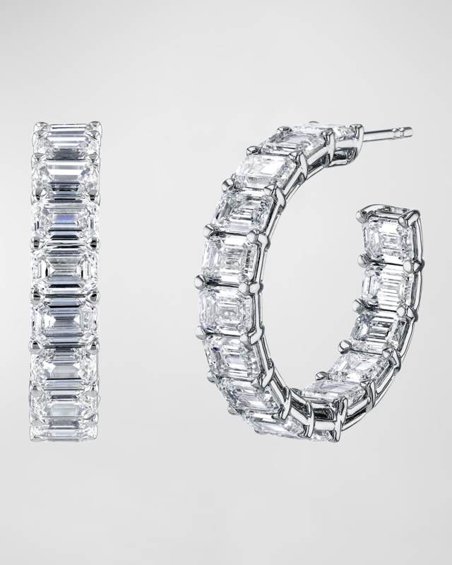 18K Gold East-West Emerald-Cut Diamond Hoop Earrings, 6.5tcw/0.75"L