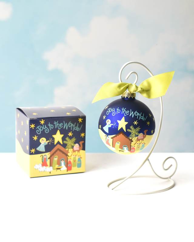 Joy to the World Nativity Personalized Glass Ornament with Stand