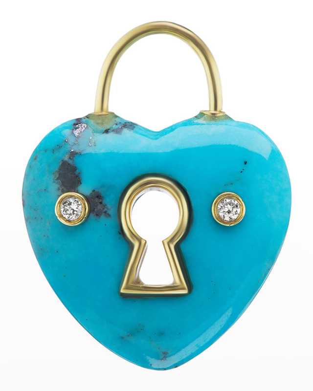 Yellow Gold Turquoise Heart Charm with Keyhole and 2 White Diamonds