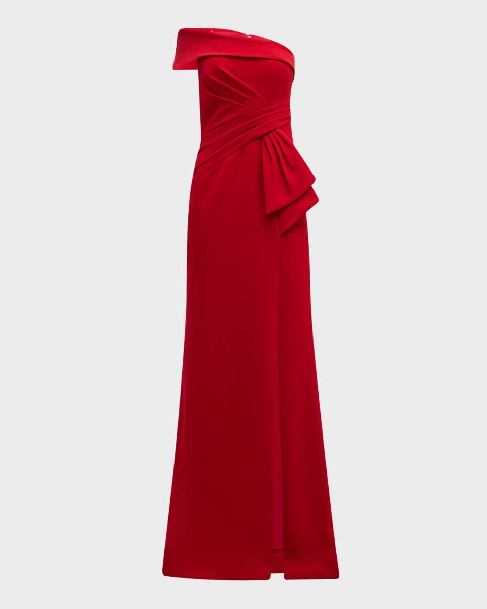 Pleated Off-Shoulder Stretch Crepe Gown