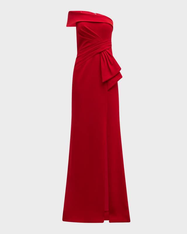 Pleated Off-Shoulder Stretch Crepe Gown