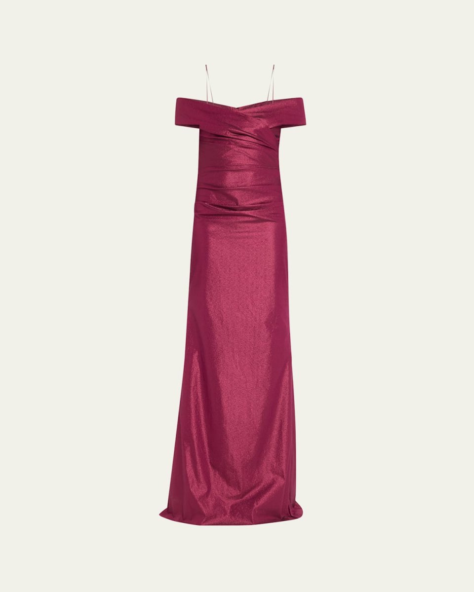 Ruched Off-Shoulder Shimmer Taffeta Gown