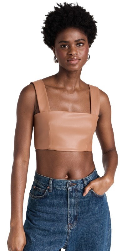 Susana Monaco Faux Leather Wide Strap Crop Top Caramel