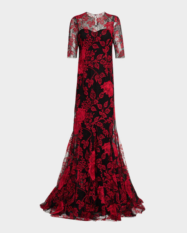 Floral-Embroidered Lace Trumpet Gown