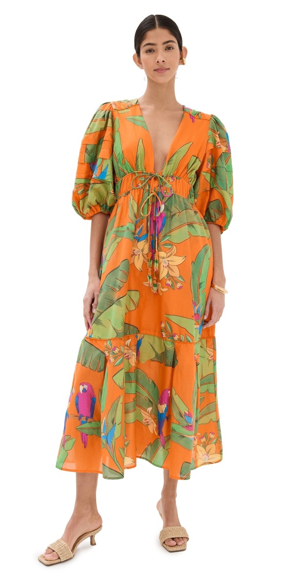 FARM Rio Fresh Macaws Orange Midi Dress Fresh Macaws Orange