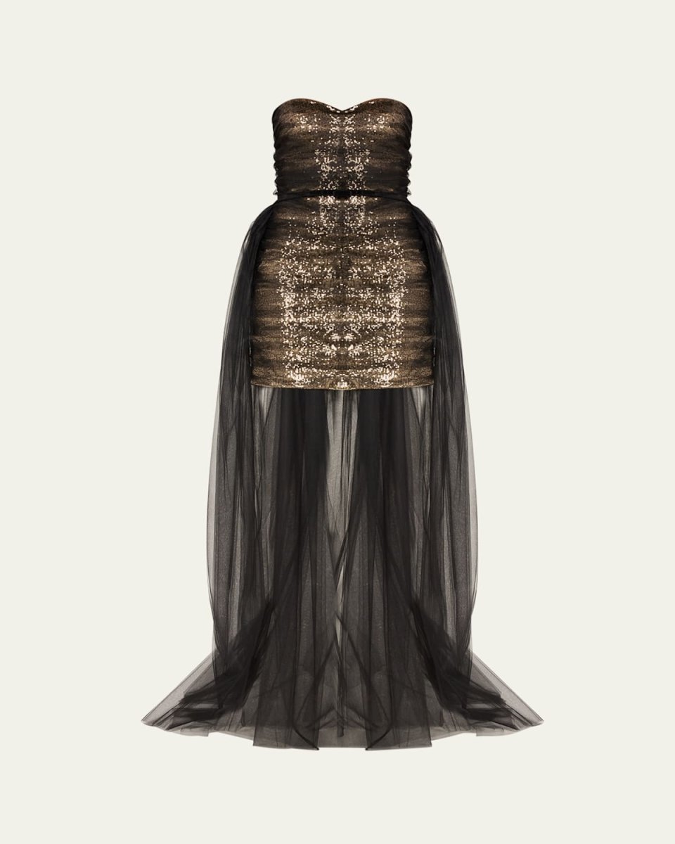 Shirley Sequined Tulle Strapless Mini Dress With Removable Train