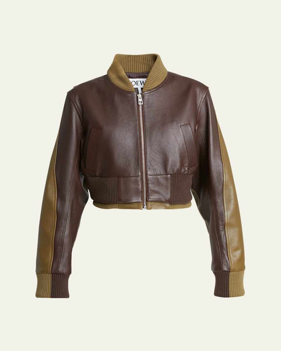 Two-Toned Leather Cropped Bomber Jacket