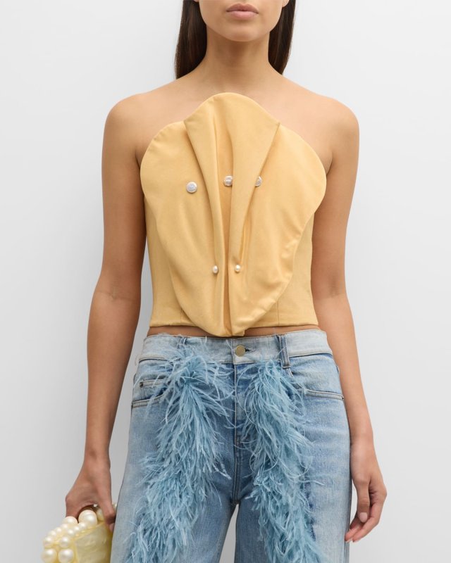 Luis Beaded Scalloped Strapless Bustier Top