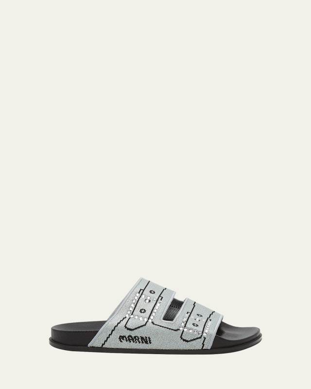 Faux Buckle Embroidered Slide Sandals
