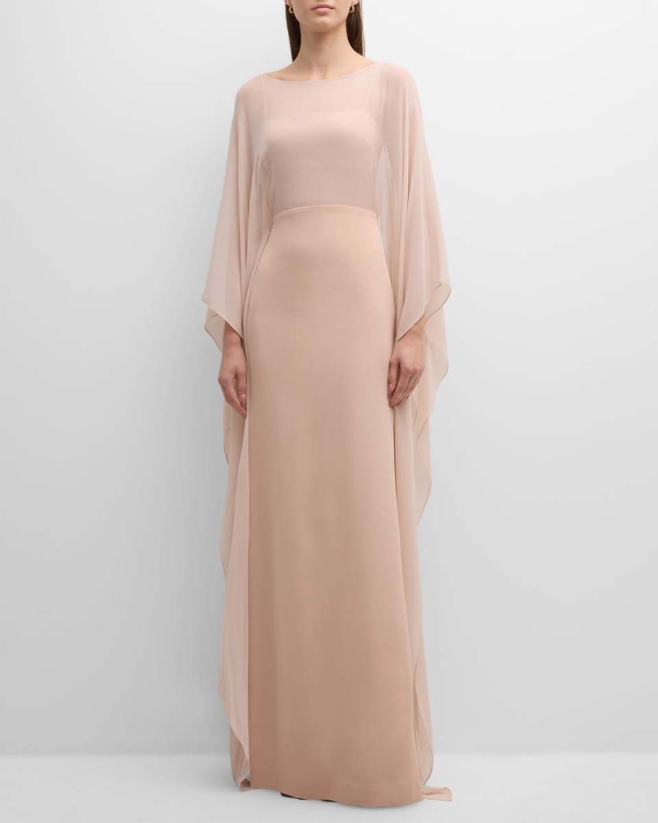Silk Illusion Caftan Gown with Draped Sleeves