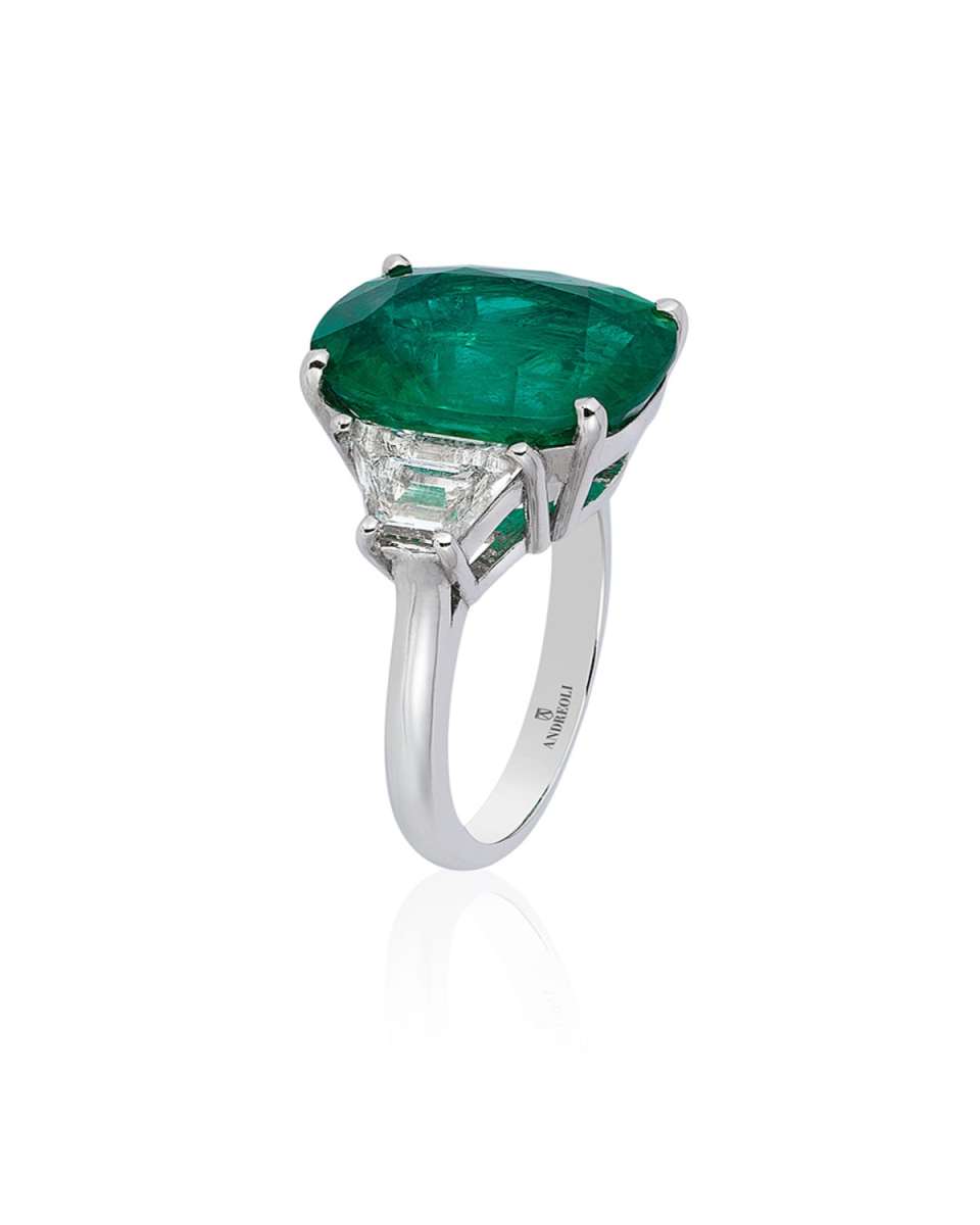 18K White Gold Emerald and Diamond 3 Stone Ring, Size 6.5