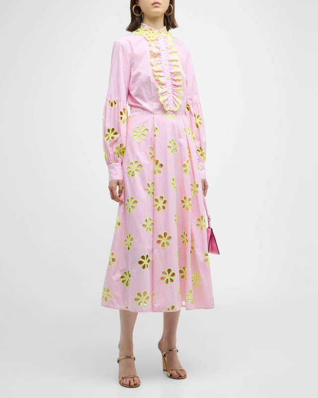 Embroidered Cotton Stripe Cutout Midi Dress with Detachable Bib