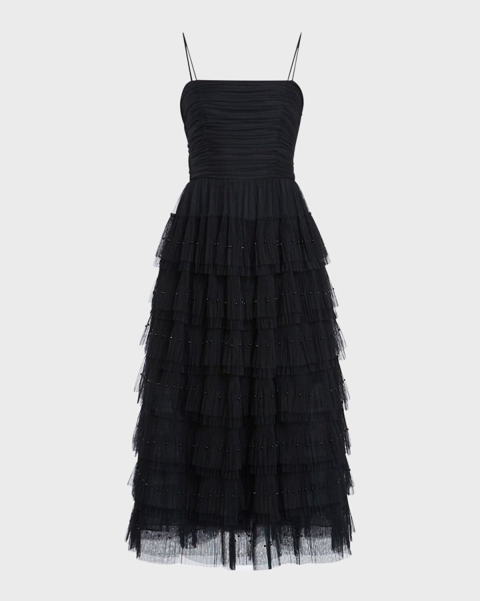 Strapless Layered Pleated Tulle Midi Dress