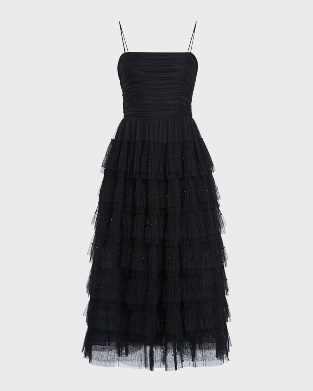 Strapless Layered Pleated Tulle Midi Dress