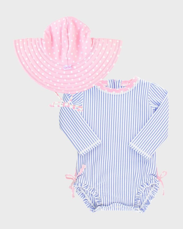 Girl's Seersucker Rashguard And Sun Hat Set, Size 3M-
