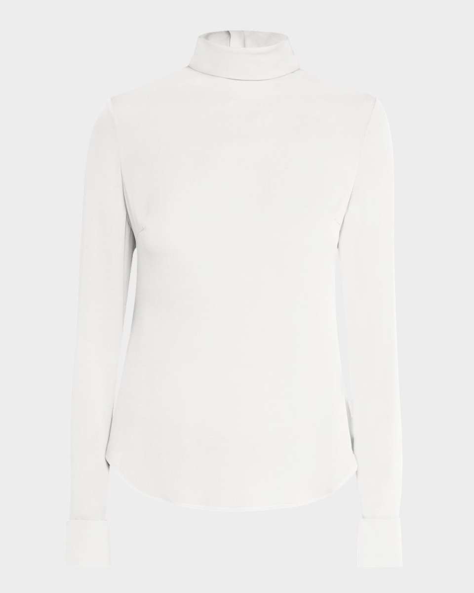 Mock-Neck Long-Sleeve Silk Blouse