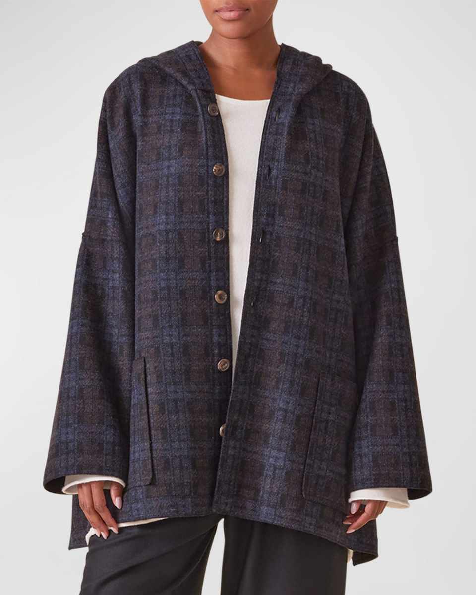 Hooded Plaid Coat with Raw Edges (Long Length)