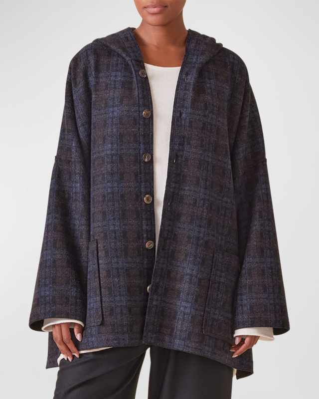 Hooded Plaid Coat with Raw Edges (Long Length)