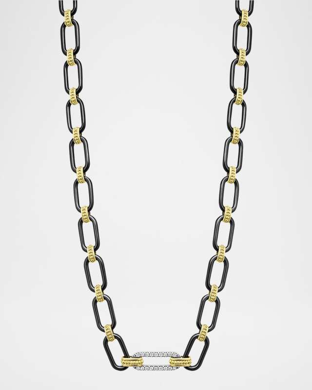 18K Gold Signature Caviar and Black Ceramic Toggle Necklace with Diamonds, 18"L